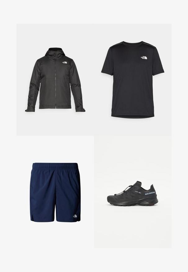 Musthave musta kapuutsiga fliisjakk, mis on valmistatud siledast kangast. Uhkeldab rindkere kohal oleva logoga ning reguleeritavate mansettidega, et tagada mugav ja tihe istuvus.; Must mustaöödiga must T-särk, mis on valmistatud kerge riidekanga. Esiküljel on vasakul rinnal väike valge logo ning õlgadel on peened aktsendid.; Tumed sinised ujumispüksid, mis on valmistatud kergest kangast, elastse vöökohtaga, küljetaskutega ning väikese logoga alumisel ees.; Must Black trail running shoe, mille tekstuuriga ülemine osa, elastsed paelad ja Contagrip väliskülg. Omab tihedat istumist ja kaitsvat varbakatet.