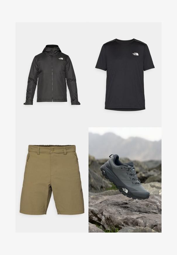 Musthave musta kapuutsiga fliisjakk, mis on valmistatud siledast kangast. Uhkeldab rindkere kohal oleva logoga ning reguleeritavate mansettidega, et tagada mugav ja tihe istuvus.; Must mustaöödiga must T-särk, mis on valmistatud kerge riidekanga. Esiküljel on vasakul rinnal väike valge logo ning õlgadel on peened aktsendid.; Kerged šortsid kergest kangast, millel on lukuga tasku, nupuga sulgemine ja sirge äärega. Vöökoht on osaliselt elastne.; Hallhalli jooksukingad halli värvi, tekstureeritud ülemise osaga, vastupidava kummist tallaga ja tugevdatud varvaste kattega. Omab paelu ja kaubamärgi logo küljel.