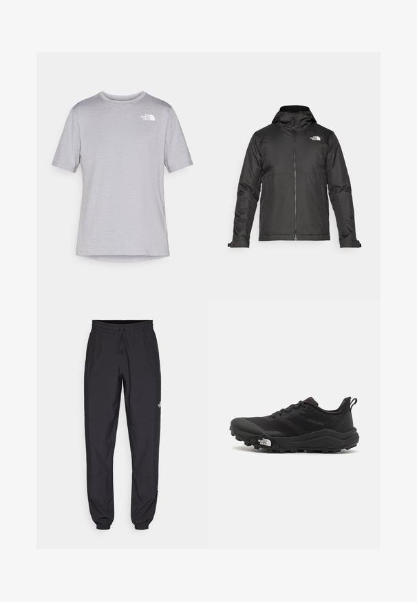 Casaco preto com fecho éclair e capuz, feito de tecido suave. Apresenta um logotipo no peito e punhos ajustáveis para um encaixe perfeito.; Camiseta cinza de manga curta com gola redonda, feita de um tecido leve, apresentando um pequeno logo branco no lado esquerdo do peito. Textura suave.; Calças atléticas pretas feitas de tecido leve, com um cós ajustável por cordão, bolsos laterais e punhos afunilados nos tornozelos.; Sapatilha de trail running preta com um upper texturizado, sola de borracha e biqueira reforçada. Possui um colarinho acolchoado e uma alça para facilitar o calçar.