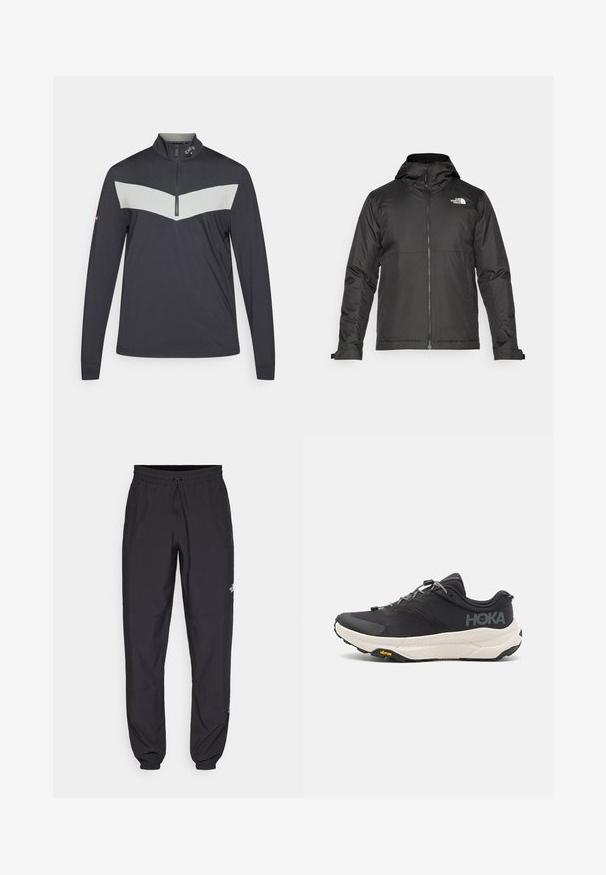 Schwarze Zip-Jacke mit Kapuze, aus glattem Stoff. Verfügt über ein Logo auf der Brust und verstellbare Bündchen für einen engen Sitz.; Dunkelgrauer Quarter-Zip-Pullover mit einem hellgrauen Chevron-Design über der Brust. Verfügt über lange Ärmel und einen strukturierten Stoff.; Schwarze Sporthosen aus leichtem Stoff, mit einem Kordelzugbund, seitlichen Taschen und schmal zulaufenden Bündchen an den Knöcheln.; Schwarzer Sportschuh mit strukturiertem Obermaterial, grauen Akzenten, reflektierenden Details und einer dicken weißen Sohle mit Vibram-Logo.