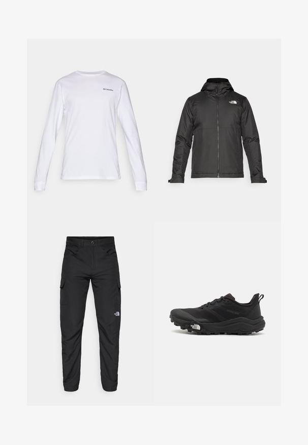 Casaco preto com fecho éclair e capuz, feito de tecido suave. Apresenta um logotipo no peito e punhos ajustáveis para um encaixe perfeito.; T-shirt de manga longa branca, feita de algodão, com decote redondo e pequeno logótipo preto da Columbia no peito. Textura suave, design ajustado.; The North Face HORIZON PANT - Calças para exterior - black; Sapatilha de trail running preta com um upper texturizado, sola de borracha e biqueira reforçada. Possui um colarinho acolchoado e uma alça para facilitar o calçar.