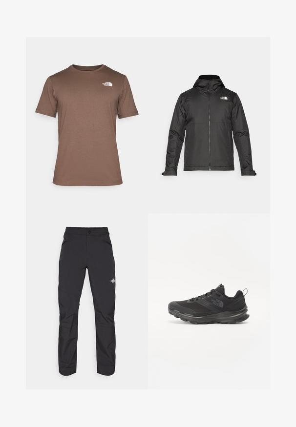 Musthave musta kapuutsiga fliisjakk, mis on valmistatud siledast kangast. Uhkeldab rindkere kohal oleva logoga ning reguleeritavate mansettidega, et tagada mugav ja tihe istuvus.; The North Face M SS BOX NSE TEE - Trükipildiga T-särk - smokey brown/black; Mustad mustad püksid, millel on lukuga eesmine tasku, sünteetilisest materjalist, kitsenevad jalad ja tugevdatud põlvepaneelid. Omab nööbiga sulgemist.; Must use õhku läbilaskvat võrku ülemise ja kummist välispõhjaga mustad atleetijalatsid, millel on polsterdatud kaelus. Omab nööre, logo küljel ja tekstuurset disaini.