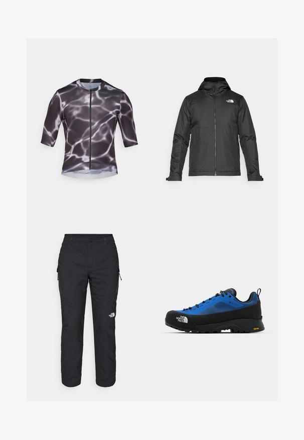 Czarna kurtka zapinana na zamek z kapturem, wykonana z gładkiego materiału. Posiada logo na piersi oraz regulowane mankiety zapewniające dopasowanie.; Koszulka rowerowa z krótkim rękawem w kolorze czarnym i szarym z wzorem wodnym, wyposażona w zamek błyskawiczny z przodu i gładki, elastyczny materiał.; The North Face WINTER EXPLORATION czarny; The North Face VERTO ALPINE niebieski