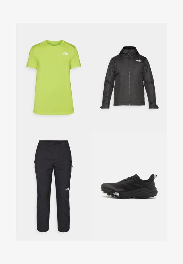 Svart zip-up jacka med huva, tillverkad av mjukt tyg. Funktionen inkluderar en logotyp på bröstet och justerbara ärmslut för en tät passform.; Limegrön t-shirt med kort ärm tillverkad av fuktavvisande tyg, med en liten vit logotyp på vänster bröst och rundad halsringning.; The North Face WINTER EXPLORATION TAPERED CARGO - Friluftsbyxor - black; Svart terränglöparsko med en strukturerad ovandel, gummisula och förstärkt tåhätta. Har en vadderad krage och en dragflik för enkel påtagning.