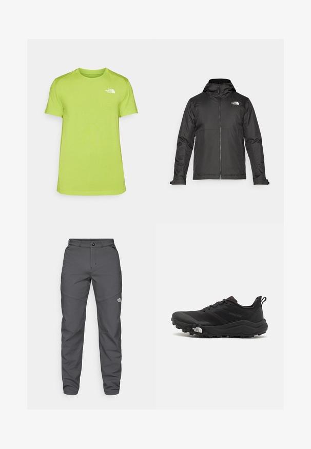 Fekete zipzáras dzseki, kapucnival, sima anyagból készült. A mellkasán logóval és állítható mandzsettákkal rendelkezik a kényelmes illeszkedés érdekében.; Lime zöld, rövid ujjú póló, nedvességelvezető anyagból készült, bal mellrészen egy kis fehér logóval és kerek nyakkivágással.; Szürke, tartós anyagból készült kültéri nadrág, gombos záródással, övhurkokkal és logóval az alsó lábszáron.; Fekete terepfutó cipő, textúrált felső résszel, gumitalppal és megerősített lábujjrészével. Párnázott bokarésszel és húzófüllel rendelkezik a könnyű felhúzáshoz.