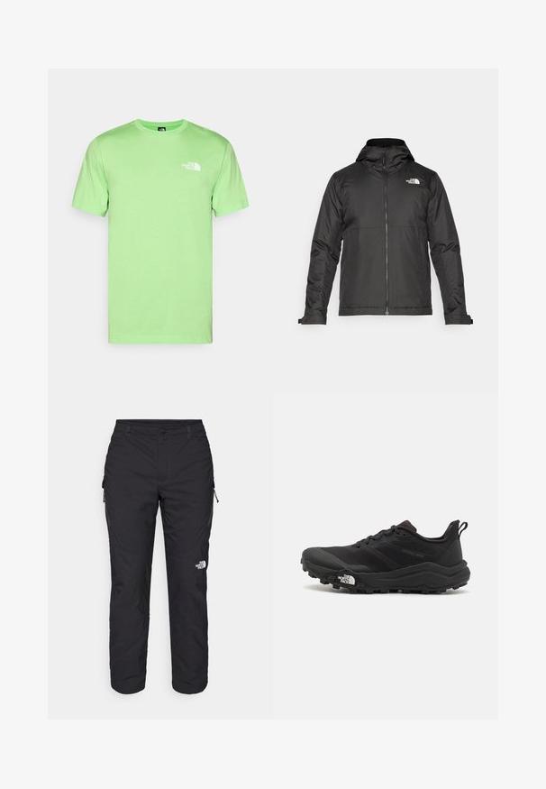 Musta vetoketjullinen takki, jossa on huppu ja joka on valmistettu sileästä kankaasta. Takissa on logo rinnassa ja säädettävät hihansuut tiiviin istuvuuden saavuttamiseksi.; Minttu vihreä puuvillapaita, jossa on pyöreä pääntie ja lyhyet hihat. Vasemmassa rinnassa valkoinen logo. Sujuva pinta, rento istuvuus.; The North Face WINTER EXPLORATION TAPERED CARGO - Ulkohousut - black; Musta maastojuoksukengät, joissa on teksturoitu päällinen, kumipohja ja vahvistettu varvastoppia. Varusteena pehmustettu nilkkakappale ja vetotappi helppoa pukemista varten.
