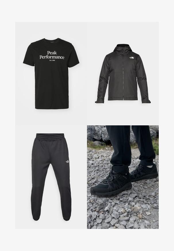 Crna majica sa zatvaračem i kapuljačom, izrađena od glatke tkanine. Ima logo na prsima i podesive manžete za udobno pristajanje.; Crna pamučna majica s bijelim grafičkim tiskom na kojem piše "Peak Performance Est. 1986." Okrugli izrez i kratke rukave.; Crne trenirke s elastičnom trakicom u struku, suženog kroja, elastičnim manžetama i malim bijelim logom na lijevom bedru, izrađene od glatkog materijala.; Crne vanjske cipele s mrežastim i sintetičkim materijalom, s teksturiranim gornjim dijelom, osiguranim sustavom vezanja i čvrstim potplatom, na stjenovitom terenu.
