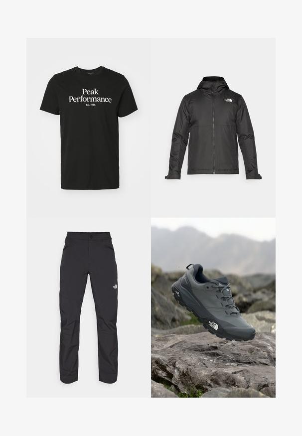 Čierna zipsová bunda s kapucňou, vyrobená z hladkej látky. Má logo na hrudi a nastaviteľné manžety pre tesné obopnutie.; Čierne bavlnené tričko s bielym grafickým potlačou, na ktorej je napísané "Peak Performance Est. 1986." S krátkymi rukávmi a okrúhlym výstrihom.; Čierne vonkajšie nohavice so zipsovým predným vreckom, vyrobené z syntetického materiálu, zúžené nohy a vy reforcované panely kolien. Obsahujú zapínanie na gombík.; Šedá trailová bežecká obuv s textúrovaným zvrškom, odolnou gumovou podrážkou a vystuženou špičkou. Obsahuje šnúrky a logo značky na boku.