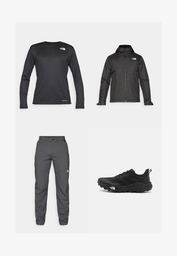 Μαύρο μπουφάν με φερμουάρ και κουκούλα, φτιαγμένο από λείο ύφασμα. Διαθέτει λογότυπο στο στήθος και ρυθμιζόμενους καρπούς για άνετη εφαρμογή.; Μαύρο μακρυμάνικο πουκάμισο από ελαφρύ, υφασμάτινο που απορροφά την υγρασία. Διαθέτει στρογγυλή λαιμόκοψη και λογότυπο στην αριστερή περιοχή του στήθους.; Γκρι εξωτερικά παντελόνια από ανθεκτικό ύφασμα, με κλείσιμο κουμπιού, θηλιές ζώνης και λογότυπο κοντά στο κάτω μέρος του ποδιού.; Μαύρο αθλητικό παπούτσι τρεξίματος με υφασμάτινο άνω μέρος, καουτσούκ σόλα και ενισχυμένη μύτη. Διαθέτει επενδεδυμένο κολάρο και θηλιά στα πίσω για εύκολη φορεσιά.