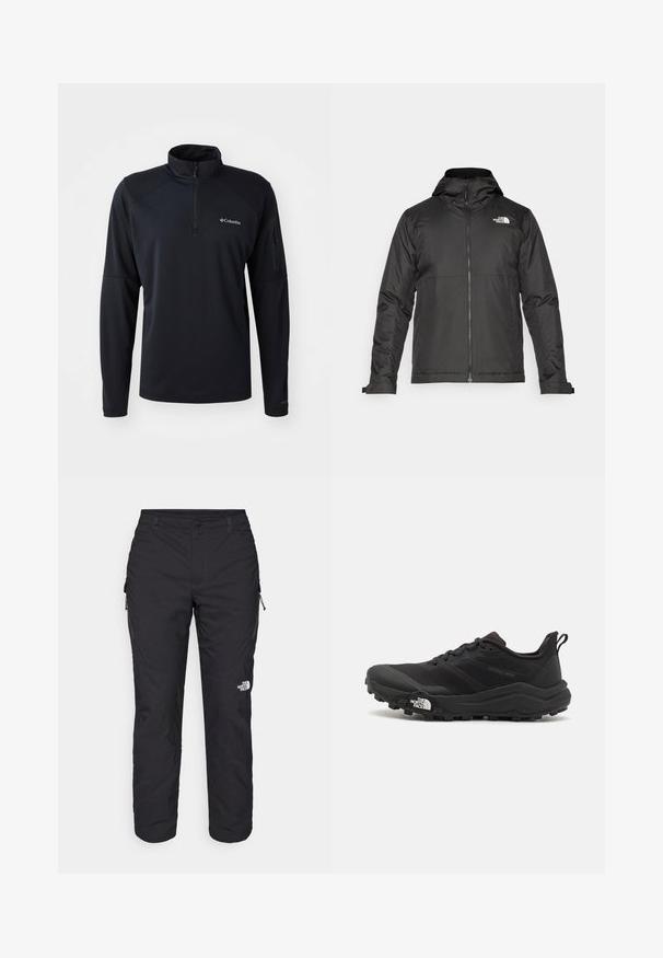 Črna zip-up jakna s kapuco, izdelana iz gladkega materiala. Ima logo na prsih in nastavljive manšete za udobno prileganje.; Črn pulover s pol zadrgo, narejen iz mehkega, raztegljivega materiala. Ima raglan rokave, žep z zadrgo na levi rami in detajl z logotipom.; The North Face WINTER EXPLORATION TAPERED CARGO - Hlače za na prostem - black; Črne tekaške čevlje za trail s teksturirano zgornjega dela, gumijastim podplatom in ojačanim zaključkom prstov. Vključuje oblazinjen ovratnik in zanko za enostavno obuvanje.