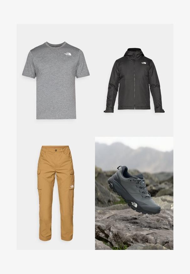 Črna zip-up jakna s kapuco, izdelana iz gladkega materiala. Ima logo na prsih in nastavljive manšete za udobno prileganje.; Siva kratka majica s kratkimi rokavi iz teksturiranega blaga. Ima okroglo ovratnico in majhen bel logotip na zgornji levi strani.; The North Face EXPLORATION PANTS - Hlačami s stranskimi žepi - utility brown; Sive teka za trail tek, z teksturirano zgornjimi deli, trpežnim gumijastim podplatom in ojačanim kapico za prste. Ima vezi in logotip blagovne znamke na strani.