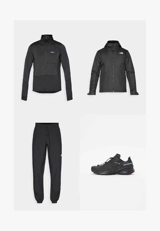 Juoda zip-up striukė su kapišonu, pagaminta iš lygios medžiagos. Yra logotipas ant krūtinės ir reguliuojamos rankogaliai, užtikrinantys tvirtą prigludimą.; Juodas, ilgomis rankovėmis, pusės užtrauktuku užsegamas puloveris, pagamintas iš tekstūruotos medžiagos, su krūtinės kišene. Turi iškilų apykaklę ir elastines rankogalius.; Juodos sportinės kelnės, pagamintos iš lengvos medžiagos, su raišteliu liemens srityje, šoniniais kišenėmis ir siaurėjantys apykaklės prie kulkšnies.; Juodas taktinės bėgimo batelis su tekstūruotu viršumi, elastinėmis raištelėmis ir Contagrip padu. Turi tvirtą prigludimą ir apsauginį kojų dangtelį.