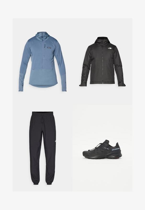 Fekete zipzáras dzseki, kapucnival, sima anyagból készült. A mellkasán logóval és állítható mandzsettákkal rendelkezik a kényelmes illeszkedés érdekében.; Világoskék, hosszú ujjú pulóver, félig cipzárral, texturált elülső panellel és testhezálló kapucnival. Elöl cipzáros zsebbe is rendelkezik.; Fekete sportnadrág, könnyű anyagból készült, húzózsinóros derékkal, oldalsó zsebekkel és szűkített szárakkal a bokáknál.; Fekete terepfutó cipő textúrált felsőrésszel, rugalmas fűzőkkel és Contagrip talppal. Kiemelkedő illeszkedés és védő orrborítás jellemzi.