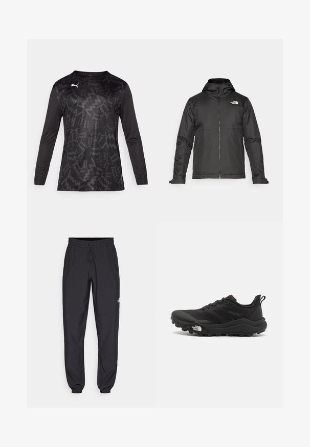 Črna zip-up jakna s kapuco, izdelana iz gladkega materiala. Ima logo na prsih in nastavljive manšete za udobno prileganje.; Dolga športna majica z dolgimi rokavi v črni barvi z teksturiranim zigzag vzorcem, z okroglim izrezom in belim logotipom na sprednji strani.; Črne atletske hlače iz lahkega materiala, ki imajo elastični pas z vezalko, stranske žepe in zožene manšete na gležnjih.; Črne tekaške čevlje za trail s teksturirano zgornjega dela, gumijastim podplatom in ojačanim zaključkom prstov. Vključuje oblazinjen ovratnik in zanko za enostavno obuvanje.