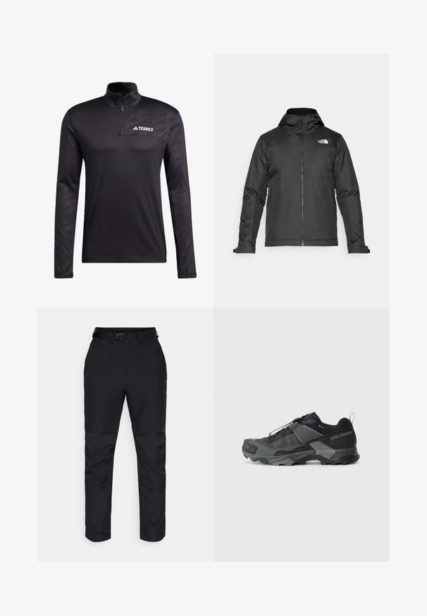 Črna zip-up jakna s kapuco, izdelana iz gladkega materiala. Ima logo na prsih in nastavljive manšete za udobno prileganje.; adidas Terrex TERREX MULTI HALF ZIP LONGSLEEVE TEE - Majica z dolgimi rokavi - black; Črne hlače iz trpežnega materiala s pravim krojem. Značilnosti vključujejo pas z pasom in teksturirane akcentne dele na spodnjem delu nogavic.; Črne trail tekaške čevlje z vzdržljivim mrežastim zgornjim delom, ojačano zaščito prstov, teksturiranim gumijastim podplatom in elastičnim sistemom vezalk za varen oprijem.