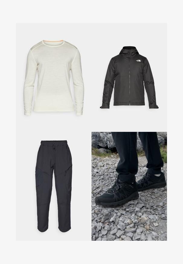 Svart zip-up jakke med hette, laget av glatt materiale. Har et logo på brystet og justerbare mansjetter for en tett passform.; Langermet skjorte i kremfarge, med rund hals, oransje søm og glatt tekstur. Enkelt design uten ytterligere mønstre.; Sorte cargo bukser laget av et lett, vannavvisende materiale; har elastisk midje, flere glidelåslommer og smale ben.; Sorte utendørssko i svart med mesh og syntetisk materiale, med en teksturert overdel, sikret snøresystem og en robust såle, på steinete terreng.