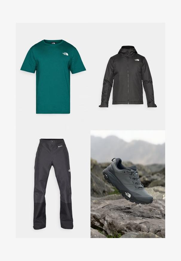 Juoda zip-up striukė su kapišonu, pagaminta iš lygios medžiagos. Yra logotipas ant krūtinės ir reguliuojamos rankogaliai, užtikrinantys tvirtą prigludimą.; Mėlynoji medvilninė marškinė su apvaliu kaklu ir trumpomis rankovėmis. Papuošta baltu logotipu ant kairiojo krūtinės viršaus ir malonia medžiagos tekstūra.; Juodos vandeniui atsparios kelnės su lygiu paviršiumi, su GORE-TEX logotipu priekyje ir sustiprintomis apačiomis dėl ilgaamžiškumo.; Pilkas bėgimo batelis su tekstūruota viršutine dalimi, tvirtu guminio pado ir sustiprinta nosimi. Turi raištelius ir prekės ženklo logotipą šone.