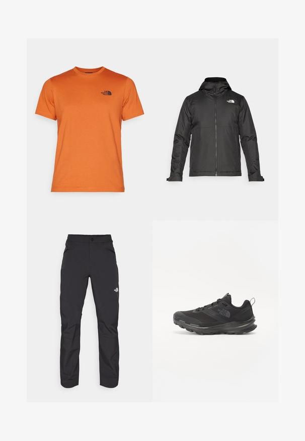 Juoda zip-up striukė su kapišonu, pagaminta iš lygios medžiagos. Yra logotipas ant krūtinės ir reguliuojamos rankogaliai, užtikrinantys tvirtą prigludimą.; The North Face M SS SIMPLE DOME TEE - Sportiniai marškinėliai trumpomis rankovėmis - earthen copper; Juodi lauko kelnės su užtrauktuku priekyje, pagamintos iš sintetinės medžiagos, siaurėjančiomis kojomis ir sustiprintomis kelių dalimis. Savybė - mygtuko užsegimas.; Juodos sportinės bateliai su tinklelio viršumi, guminiais padu ir paminkštintu apykakle. Yra raišteliai, logotipas šone ir tekstūruotas dizainas.