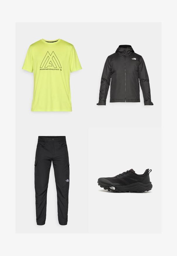 Crna majica sa zatvaračem i kapuljačom, izrađena od glatke tkanine. Ima logo na prsima i podesive manžete za udobno pristajanje.; Svijetloplavi neonski žuti atletski majica od mekog materijala, s crnim grafičkim dizajnom i tekstom te logotipom "MOUNTAIN ATHLETICS".; The North Face HORIZON PANT - Hlače za otvoreno - black; Crne trail trkačke cipele s teksturiranim gornjim dijelom, gumeni potplat i ojačana zaštita za prste. Imaju podstavljen ovratnik i trakicu za lakše obuvanje.