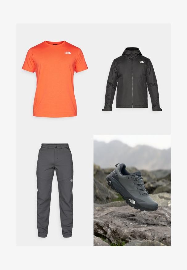 Melna zip-up jakas ar kapuci, izgatavota no gludas auduma. Tajā ir logo uz krūtīm un regulējami aproces, lai nodrošinātu ciešu piegulšanu.; The North Face M SS BOX NSE TEE - Apdrukāts T-krekls - crimson orange/black; Pelēki āra bikses, kas izgatavotas no izturīga auduma, ar pogu aizdari, jostu cilpām un logotipu tuvu apakšstilbam.; Pelēki skrējēju apavi ar teksturētu virsu, izturīgu gumijas zoli un pastiprinātu pirkstu daļu. Iekļauj šņores un zīmola logo sānos.