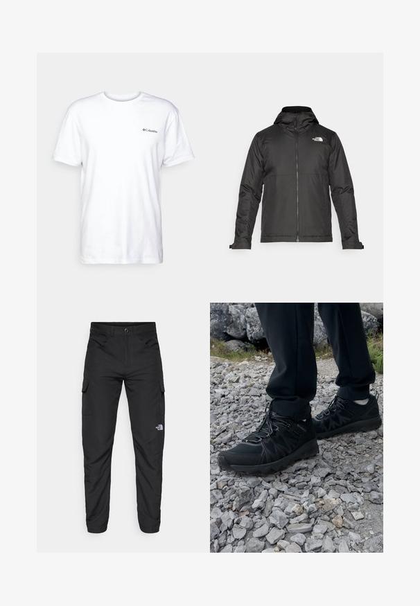 Casaco preto com fecho éclair e capuz, feito de tecido suave. Apresenta um logotipo no peito e punhos ajustáveis para um encaixe perfeito.; T-shirt branca de algodão com mangas curtas, gola redonda e um pequeno logotipo preto da Columbia no lado esquerdo do peito. Design suave e simples.; The North Face HORIZON PANT - Calças para exterior - black; Sapatos pretos para exterior, feitos de material em malha e sintético, com um cabedal texturizado, sistema de atilho seguro e uma sola robusta, sobre terreno rochoso.