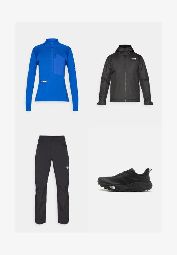 Sort lynlåsjakke med hætte, lavet af glat stof. Har et logo på brystet og justerbare manchetter for en tætsiddende pasform.; Blå langærmet pullover lavet af tekstureret stof, med en lynlåslomme på brystet, et logo patch og kontrasterende paneldetaljer.; Sorte udendørs bukser med lynlåslomme foran, syntetisk materiale, tætsiddende ben og forstærkede knæpaneler. Har en knaplukning.; Sort trail løbesko med en struktureret overdel, gummisål og forstærket tåhætte. Har en polstret krave og en pull-tab til nem påtagning.