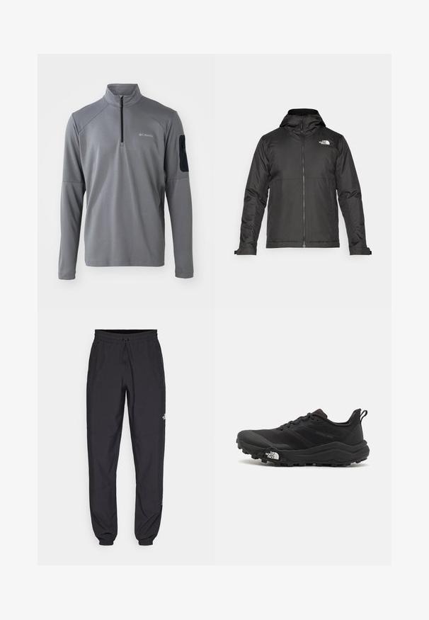 Musthave musta kapuutsiga fliisjakk, mis on valmistatud siledast kangast. Uhkeldab rindkere kohal oleva logoga ning reguleeritavate mansettidega, et tagada mugav ja tihe istuvus.; Hallide halllongiga pullover, millel on neljandik-zipp, tekstuuriga viimistlus ja must kangast pind vasakul käisel, millel on zipp.; Mustavad sportlikud püksid, mis on valmistatud kergest kangast, joonlauaga taljest, küljetaskudega ja kitsenevate varrukatega pahkluude juures.; Must tume jooksujalats musta värvi, tekstuurse ülemise osaga, kummist tallaga ja tugevdatud varbaga. Omab pehmendusega krae ja tõmblinti mugavaks selga panemiseks.