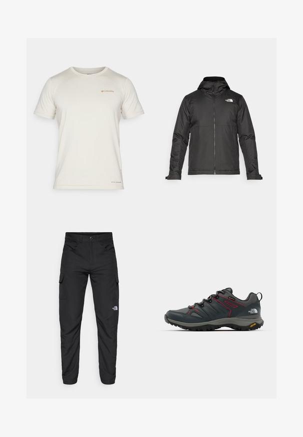 Črna zip-up jakna s kapuco, izdelana iz gladkega materiala. Ima logo na prsih in nastavljive manšete za udobno prileganje.; Columbia KWICK HIKE™ BACK GRAPHIC SS TEE - Športne majice - grey; The North Face HORIZON PANT - Hlače za na prostem - black; Sive planinski čevlji z rdečimi detajli, mrežasta in sintetična zgornja plast, sistem vezalk in Vibram podplat za oprijem. Imajo Gore-Tex za vodoodpornost.