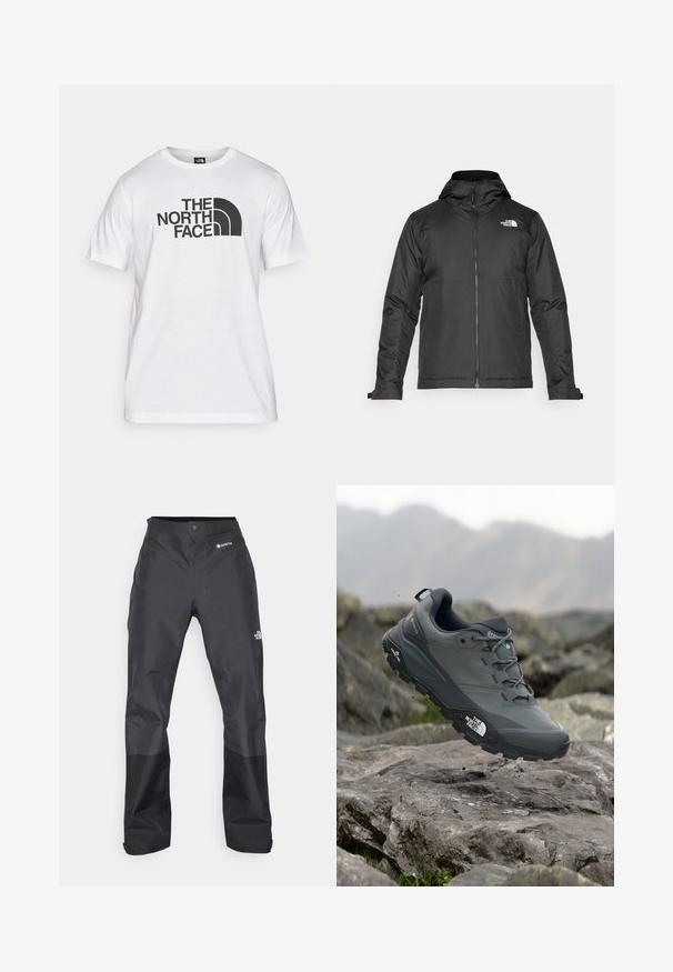 Sort lynlåsjakke med hætte, lavet af glat stof. Har et logo på brystet og justerbare manchetter for en tætsiddende pasform.; Hvid bomulds T-shirt med sort grafisk print, der inkluderer tekst og et buet logodesign. Rund halsudskæring og korte ærmer. Ensartet tekstur.; Sorte vandtætte bukser med en glat tekstur, der har et GORE-TEX-logo på fronten og forstærkede nederste ben for holdbarhed.; Grå trail løbesko med en tekstureret overdel, slidstærk gummisål og forstærket tåkap. Har snørebånd og mærkelogo på siden.