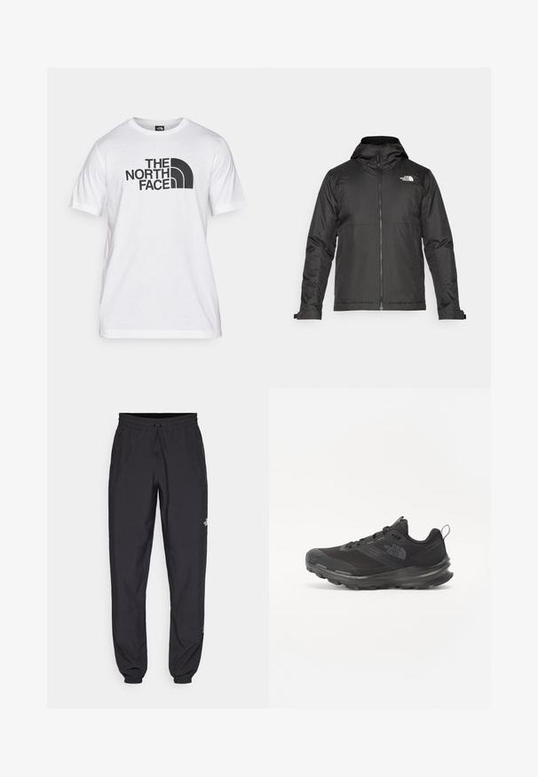 Svart zip-up jacka med huva, tillverkad av mjukt tyg. Funktionen inkluderar en logotyp på bröstet och justerbara ärmslut för en tät passform.; Vitt bomullströja med svart grafisk tryck som har text och en rundad logotypdesign. Rund halsringning och korta ärmar. Enslig textur.; Svarta träningsbyxor tillverkade av lättviktsmaterial, med dragsko i midjan, sidofickor och avsmalnande muddar vid anklarna.; Svart idrottssko med mesh-överdel, gummiyttersula och vadderad krage. Utrustad med snören, logotyp på sidan och en strukturerad design.