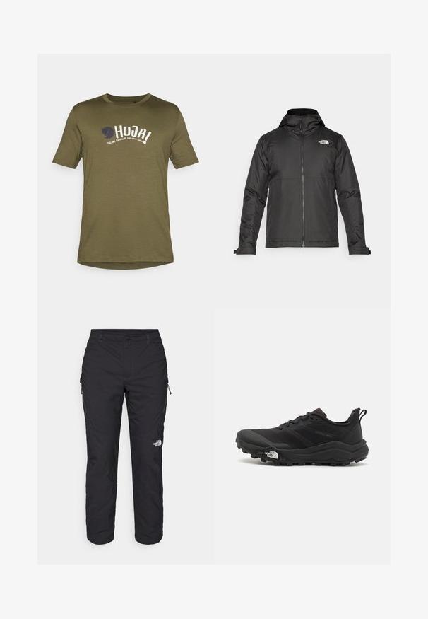 Čierna zipsová bunda s kapucňou, vyrobená z hladkej látky. Má logo na hrudi a nastaviteľné manžety pre tesné obopnutie.; Olive zelené bavlnené tričko, okrúhly výstrih, krátke rukávy, s bielym a námorníckym potlačeným textom a logom na prednej strane. Ľahký materiál.; The North Face WINTER EXPLORATION TAPERED CARGO - Outdoorové nohavice - black; Čierne trailové behacie topánky s štruktúrovaným zvrškom, gumovou podrážkou a vystuženou špičkou. Obsahuje polstrovaný golier a úchyt na jednoduché obúvanie.