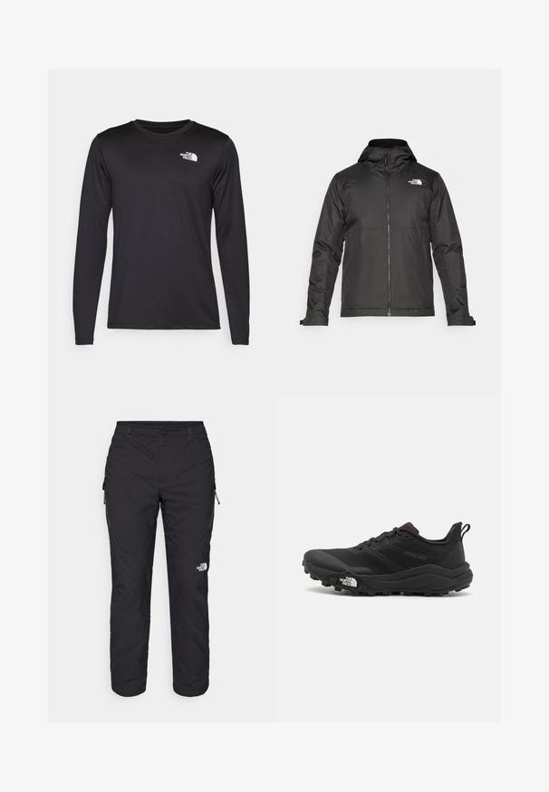 Svart zip-up jacka med huva, tillverkad av mjukt tyg. Funktionen inkluderar en logotyp på bröstet och justerbara ärmslut för en tät passform.; Långärmad svart prestandatröja i lätt tyg, med en vit logotyp på övre vänster bröst. Slät textur.; The North Face WINTER EXPLORATION TAPERED CARGO - Friluftsbyxor - black; Svart terränglöparsko med en strukturerad ovandel, gummisula och förstärkt tåhätta. Har en vadderad krage och en dragflik för enkel påtagning.