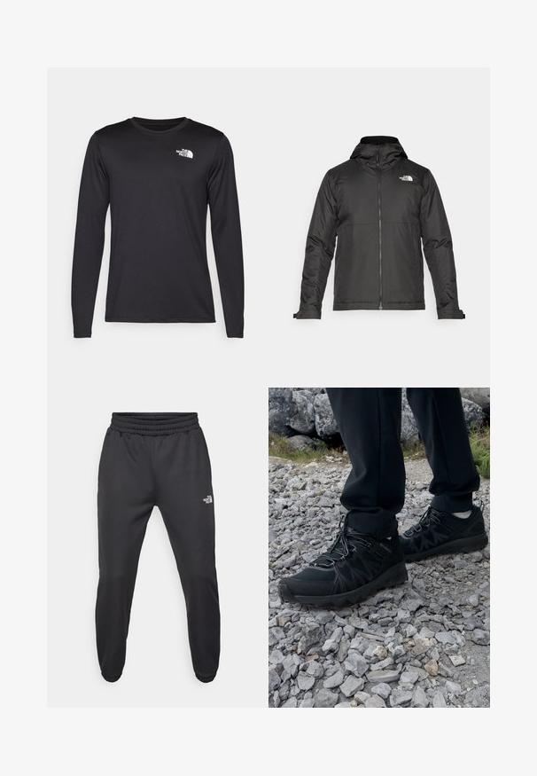 Musta vetoketjullinen takki, jossa on huppu ja joka on valmistettu sileästä kankaasta. Takissa on logo rinnassa ja säädettävät hihansuut tiiviin istuvuuden saavuttamiseksi.; Pitkähihainen musta suorituskykyt-paita, joka on valmistettu kevyestä kankaasta. Vasemmassa ylärinnassa on valkoinen logo. Sujuva pinta.; Mustat collegehousut, joissa on nauhakuomu vyötäröllä, kapeneva fit, elastiset hihansuut ja pieni valkoinen logo vasemmassa reidessä, valmistettu sileästä kankaasta.; Mustat ulkokengät, joissa on verkko- ja synteettinen materiaali, teksturoitu päällinen, varma nauhoitusjärjestelmä ja kestävä pohja kivikkoisella maastolla.