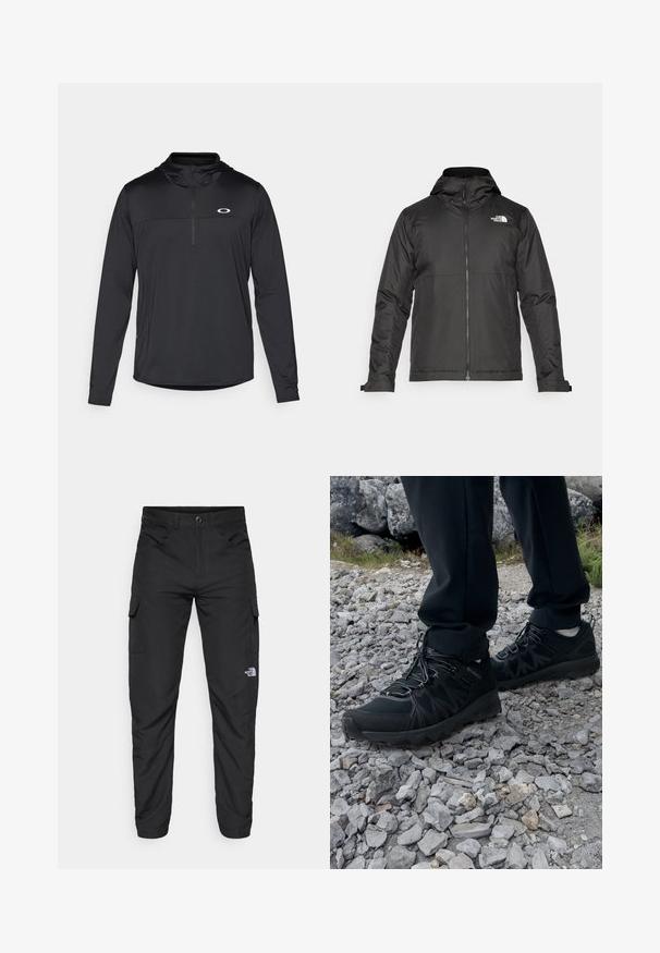Black zip-up jacket with a hood, made of smooth fabric. Features a logo on the chest and adjustable cuffs for a snug fit.; Black long-sleeve pullover with a hood, featuring a quarter zip and a subtle logo on the chest, made from lightweight, breathable fabric.; The North Face HORIZON PANT - Outdoor trousers - black; Black outdoor shoes with mesh and synthetic material, featuring a textured upper, secured lacing system, and a rugged outsole, on rocky terrain.