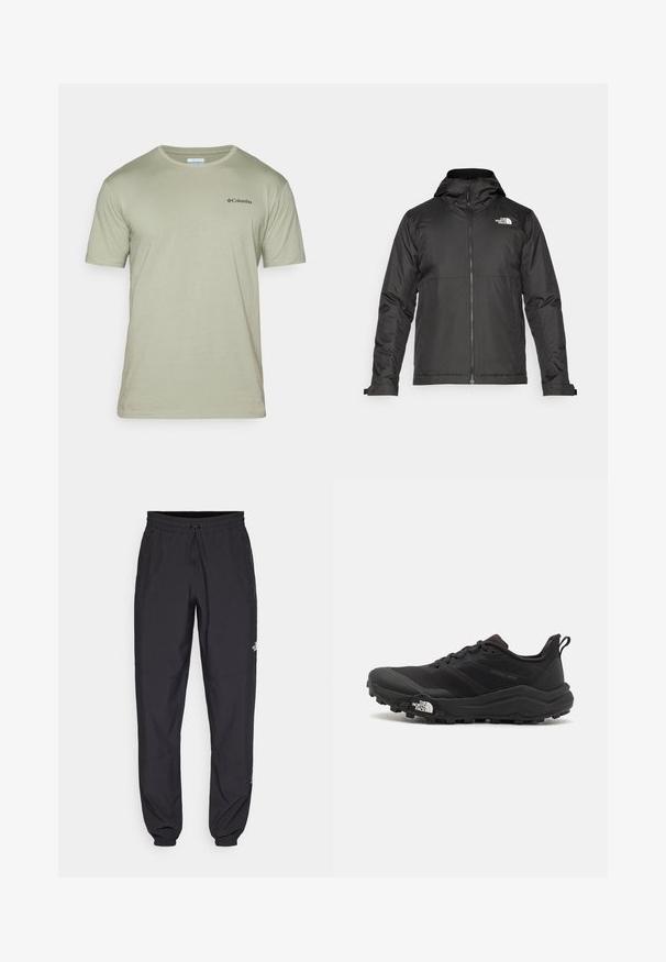 Černá zipová bunda s kapucí, vyrobená z hladké tkaniny. Obsahuje logo na hrudi a nastavitelné manžety pro pohodlné nošení.; Světle zelené tričko s krátkým rukávem vyrobené z jemné látky, s kulatým výstřihem a malým černým logem na levém prsu.; Černé sportovní kalhoty vyrobené z lehké tkaniny, s páskem na šňůrku, bočními kapsami a zúženými manžetami na kotnících.; Černé trailové běžecké boty s texturovaným svrškem, gumovou podrážkou a vyztuženou špičkou. Obsahují polstrovaný límec a poutko pro snadné obouvání.