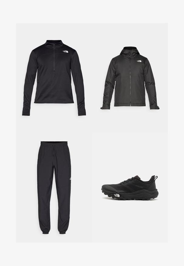 Crna majica sa zatvaračem i kapuljačom, izrađena od glatke tkanine. Ima logo na prsima i podesive manžete za udobno pristajanje.; Crni pulover s dugim rukavima od teksturirane tkanine, s četvrtastim zatvaračem i malim logom na prsima. Uskoro rukavi s rupama za palčeve.; Crne sportske hlače od lagane tkanine, s pojasom na vezanje, bočnim džepovima i suženim manžetama na gležnjevima.; Crne trail trkačke cipele s teksturiranim gornjim dijelom, gumeni potplat i ojačana zaštita za prste. Imaju podstavljen ovratnik i trakicu za lakše obuvanje.