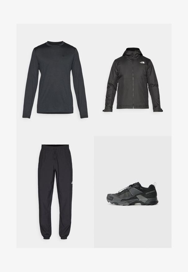 Čierna zipsová bunda s kapucňou, vyrobená z hladkej látky. Má logo na hrudi a nastaviteľné manžety pre tesné obopnutie.; Dlhý rukáv tričko v tmavošedej farbe, s okrúhlym výstrihom a diskrétnym logom. Hladká textúra s priliehavým strihom.; Čierne športové nohavice vyrobené z ľahkej tkaniny, s elastickým pásom na šnurovanie, bočnými vreckami a zúženými manžetami na členkoch.; Čierna trailová bežecká obuv s odolným sieťovým vrchom, zosilneným špičkou, štruktúrovanou gumovou podrážkou a elastickým šnurovacím systémom pre bezpečné uchytenie.