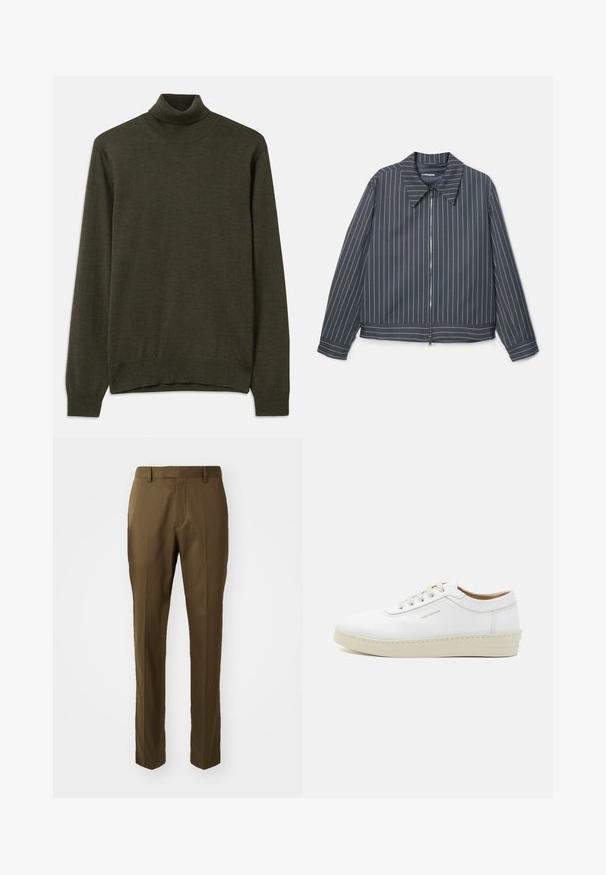 Temno sivi zip-up jopič z belimi navpičnimi črtami, koničastim ovratnikom in dolgimi rokavi. Gladka tkanina s rahlo sijočim zaključkom.; Temnozeleni pulover s turtleneck iz mehkega pletenega materiala, ki ima rebraste manšete in rob, dolge rokave ter preprost, čist dizajn.; Rjavo krojene hlače s ravnimi nogami, izdelane iz gladkega materiala, z žepi na straneh in z pregibom spredaj.; Bele usnjene teniske s teksturirano površino, okrogel nos, bež gumijast podplat in šest sivih luknjic za vezalke, s subtilnim logotipom na strani.