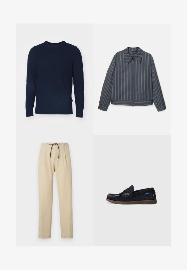 Temno sivi zip-up jopič z belimi navpičnimi črtami, koničastim ovratnikom in dolgimi rokavi. Gladka tkanina s rahlo sijočim zaključkom.; Temno modra pletena jopica s okroglim izrezom, dolgimi rokavi, rebrastimi manšetami in spodnjim robom, s teksturno vzorcem po celotni površini.; Bež hlače s ravnim krojem, z elastičnim pasom, plisejem na sprednji strani in gladko teksturo. Preprost, vsestranski dizajn.; Mornarice usnjene loafer čevlje z kontrastnim šivanjem, gladkim prstnim delom, fleksibilno gumijasto podplatom in stransko oznako. Klasična zasnova v stilu mokasinke.