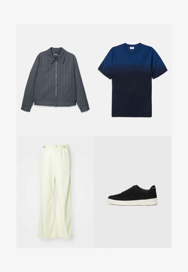 Dark gray zip-up jacket with white vertical stripes, a pointed collar, and long sleeves. Smooth fabric with a slightly glossy finish.; Navy blue cotton t-shirt with a round neck, short sleeves, and a subtle gradient design transitioning from lighter to darker shades.; Light green wide-leg pants made of smooth, slightly shiny fabric. Features a button and elastic waistband, with a clean, tailored design.; Black suede sneaker with lace-up design and contrasting white rubber sole. Features textured side panels and subtle branding on the heel.