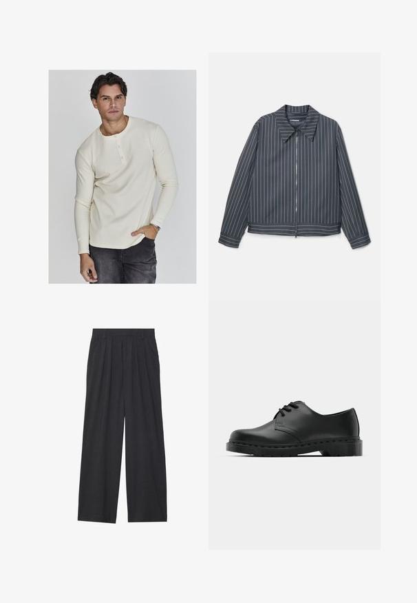 Giacca zip con cappotto grigia scura, con strisce verticali bianche, colletto a punta e maniche lunghe. Tessuto liscio con una finitura leggermente lucida.; Maglione henley a maniche lunghe color crema con collo rotondo, placket a tre bottoni e polsini aderenti, abbinato a jeans scuri.; Pantaloni a gamba larga realizzati in tessuto grigio scuro. Presentano pences in vita, un design sartoriale e una silhouette dritta.; Scarpa oxford in pelle nera con design con lacci, punta arrotondata, suola piatta in gomma e dettagli di cucitura discreti lungo la parte superiore.