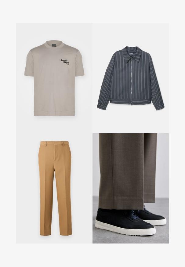 Mørkegrå zip-jakke med hvite vertikale striper, spiss krage og lange ermer. Glatt stoff med en lett blank finish.; Emporio Armani T-shirts med print - beige; Beige dressbukser laget avvevd stoff, med rett snitt, flat front og beltehemper. Glatt tekstur uten synlige mønstre.; Svarte suedeglans sneakers med hvite gummisåler, med rund tå og lisser, iført grå skreddersydde bukser.