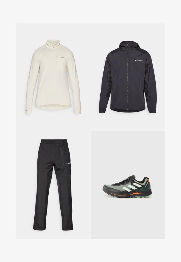 Μαύρο μπουφάν Terrex με κουκούλα, κλείσιμο με φερμουάρ και μοτίβο στα μανίκια. Κατασκευασμένο από ελαφρύ υλικό με ελαστικές μανσέτες και ίσια στρίφωμα.; Λευκό, μακρυμάνικο πουλόβερ με μισό φερμουάρ στον λαιμό, κατασκευασμένο από υφαντό ύφασμα με λεπτές οριζόντιες ρίγες και μια μικρή μπροστινή τσέπη.; Μαύρο αδιάβροχο παντελόνι από ελαφρύ ύφασμα, με ελαστική μέση και πλαϊνή τσέπη με φερμουάρ. Απλός, κομψός σχεδιασμός.; Ελαφρύ παπούτσι τρεξίματος σε μονοπάτια με γκρι και μαύρο πλέγμα επάνω, πορτοκαλί λεπτομέρειες και ανθεκτική σόλα για πρόσφυση. Αδιάβροχη επένδυση Gore-Tex.
