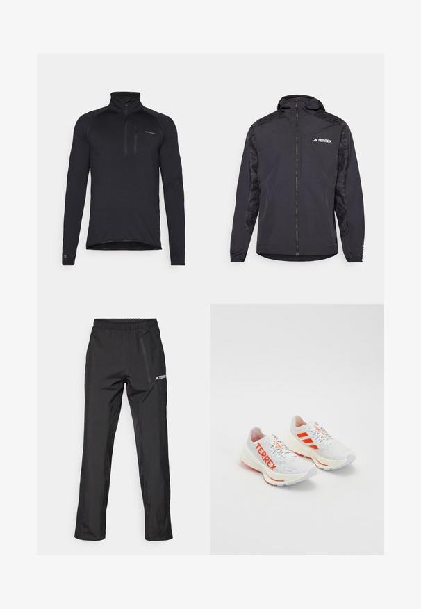 Juodas Terrex džemperis su gobtuvu, užtrauktuku ir raštuotomis rankovėmis. Pagamintas iš lengvo audinio, turi elastines rankovių apykakles ir tiesią juostą.; Juoda ilgomis rankovėmis, ketvirtadaliu užtrauktuku, viršutinė dalis su tekstūruotu audiniu, turinti aukštą apykaklę ir mažą logotipą ant krūtinės.; Juodos spalvos lengvos lauko kelnės su elastinga juosmens juosta, kišenėmis su užtrauktukais ir atspausdintu logotipu. Lygios tekstūros ir tiesios kojos kirpimas.; Baltos sportinės bateliai su oranžiniais akcentais, su "TERREX" ženklinimu, tinkline viršutine dalimi, mėgstančiu pado ir tekstūruota guma.