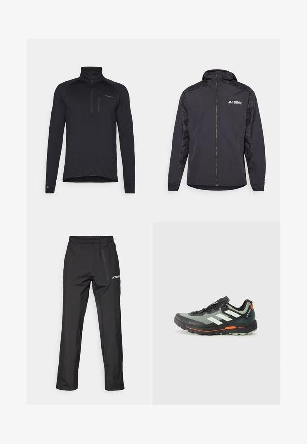 Jachetă neagră Terrex cu glugă, închidere cu fermoar și mâneci cu model. Fabricată dintr-un material ușor, cu manșete elastice și tiv drept.; Tricou negru cu mânecă lungă și fermoar până la sfert, confecționat dintr-un material texturat, având un guler înalt și un mic logo pe piept.; Pantaloni negri impermeabili dintr-un material ușor, cu talie elastică și buzunar cu fermoar pe lateral. Design simplu, ajustat.; Pantofii ușori de alergare pe trasee sunt confecționați dintr-o plasă gri și neagră, cu accente portocalii și o talpă robustă pentru aderență. Captuseală impermeabilă Gore-Tex.