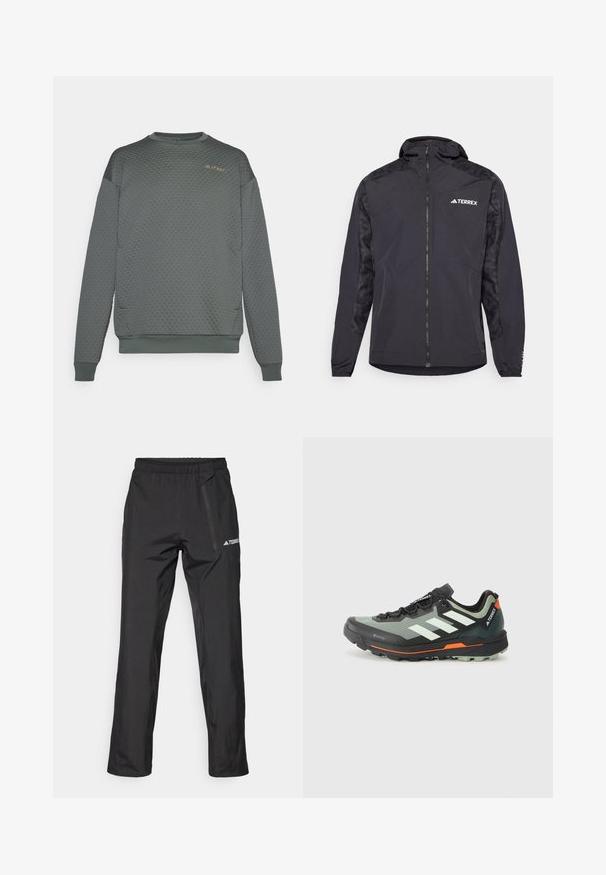 Crna Terrex jakna s kapuljačom, zatvaranjem na zip i uzorcima na rukavima. Napravljena od laganog materijala s elastičnim manžetama i ravnim rubom.; Sivi dukserica s teksturom koja ima uzorak sa saćem, rebrasti manžeti i donji rub, te mali logo na gornjem lijevom dijelu prsiju.; Crne lagane vanjske hlače s elastičnim pojasom, džepovima na patentni zatvarač i otiskom logotipa. Glatka tekstura i kroj ravnih nogavica.; Lagana trail trkačka cipela s gornjim dijelom od sive i crne mrežice, narančastim akcentima i robusnom potplatom za prianjanje. Vodootporna Gore-Tex podstava.