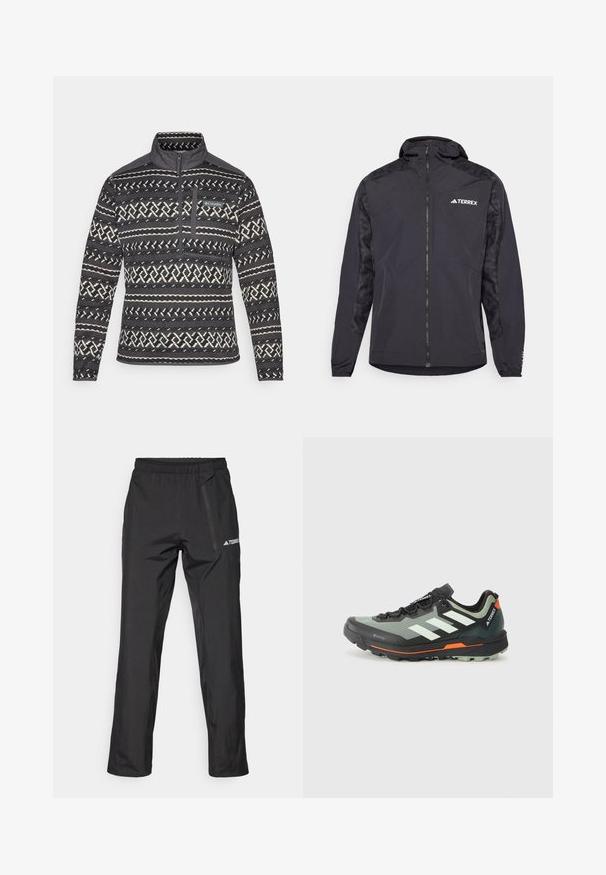 Must teravõõr, millel on kapuuts, tõmblukk ja mustrilised varrukad. Valmistatud kerge materjali, elastsete mansettide ja sirge allääriga.; Mustvalge mustriga fliispullover, millel on veerand-rist tõmblukk, rindadele mõeldud tasku ja tekstuuriline pind. Esiküljel brändi logo.; Mustad kergekaalulised välispüksid elastse vöökoha, tõmblukuga taskute ja trükitud logoga. Sile tekstuur ja sirge sääre lõige.; Kerge jalgsimatka jooksujalats halli ja mustavõrguga ülemise osaga, oranžide aktsentidega ning robustse väljastuse haardeks. Veekindel Gore-Tex vooder.