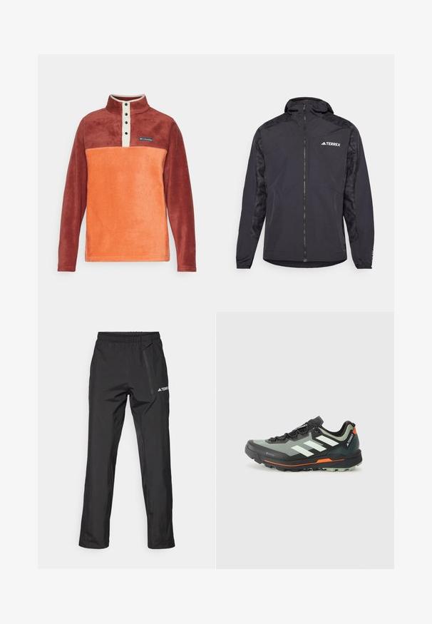 Μαύρο μπουφάν Terrex με κουκούλα, κλείσιμο με φερμουάρ και μοτίβο στα μανίκια. Κατασκευασμένο από ελαφρύ υλικό με ελαστικές μανσέτες και ίσια στρίφωμα.; Πολυεστερικό πλεκτό σε κοκκινοκαφέ και πορτοκαλί απόχρωση, με ριγωτό γιακά στο ένα τέταρτο και κρεμ κουμπιά, καθώς και μικρό λογότυπο στο στήθος.; Μαύρο αδιάβροχο παντελόνι από ελαφρύ ύφασμα, με ελαστική μέση και πλαϊνή τσέπη με φερμουάρ. Απλός, κομψός σχεδιασμός.; Ελαφρύ παπούτσι τρεξίματος σε μονοπάτια με γκρι και μαύρο πλέγμα επάνω, πορτοκαλί λεπτομέρειες και ανθεκτική σόλα για πρόσφυση. Αδιάβροχη επένδυση Gore-Tex.