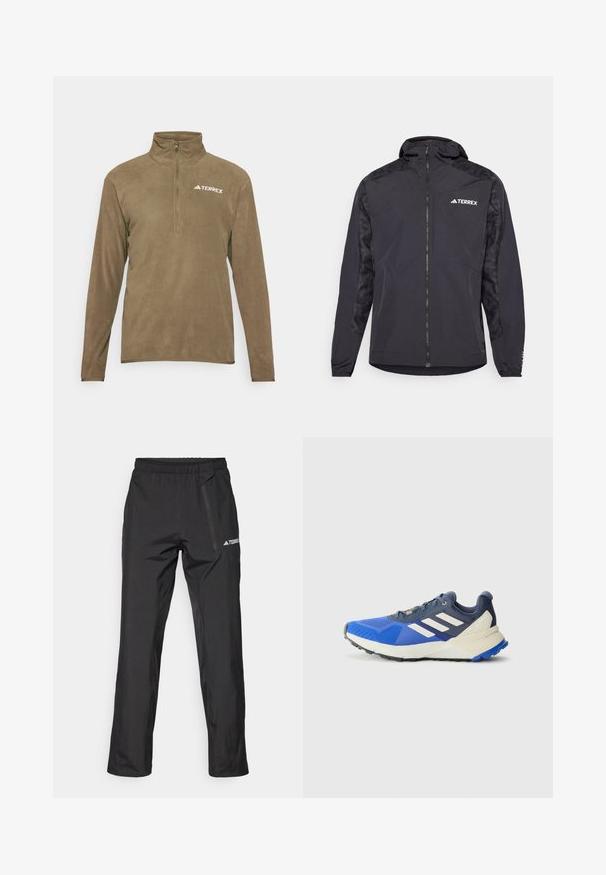 Črna Terrex jakna s kapuco, zadrgo in vzorčastimi rokavi. Narejena iz lahkega materiala z elastičnimi manšetami in ravnim robom.; Rjav flis pulover s polovičnim zadrgo ovratnikom, ki ima na zgornji levi strani bel logotip "TERREX". Mehka tekstura in dolgi rokavi.; Črne lahke pohodne hlače z elastičnim pasom, žepki z zadrgo in natisnjenim logotipom. Gladek tekstura in ravno krojene hlače.; Modra atletska čevlja z zračnim mrežnim zgornjim delom, belim oblikovanjem s tremi črtami, strukturiranim prstom in robustnim podplatom za oprijem. Lahka konstrukcija.