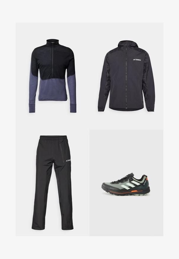 Chaqueta negra Terrex con capucha, cierre de cremallera y mangas con patrón. Fabricada en material ligero con puños elásticos y dobladillo recto.; Sudadera de manga larga en negro y púrpura oscuro, con cuello con cremallera, parte superior texturizada y mangas inferiores suaves.; Pantalones ligeros negros para exteriores con cintura elástica, bolsillos con cremallera y logo impreso. Textura suave y corte de pierna recta.; Zapatilla de trail running ligera con una parte superior de malla gris y negra, detalles en naranja y una suela robusta para tracción. Forro impermeable Gore-Tex.